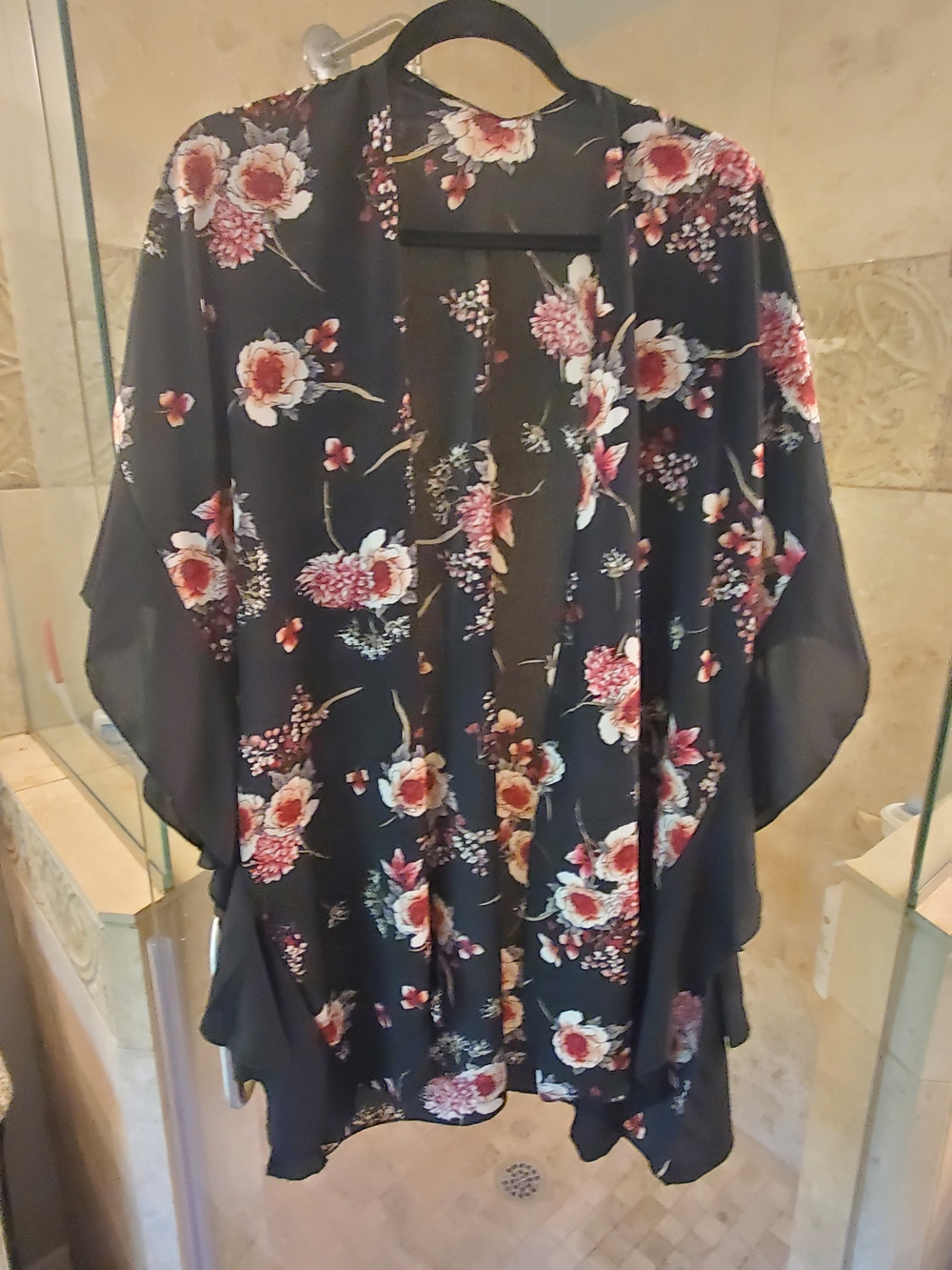 Black Floral Kimono Lightweight OS